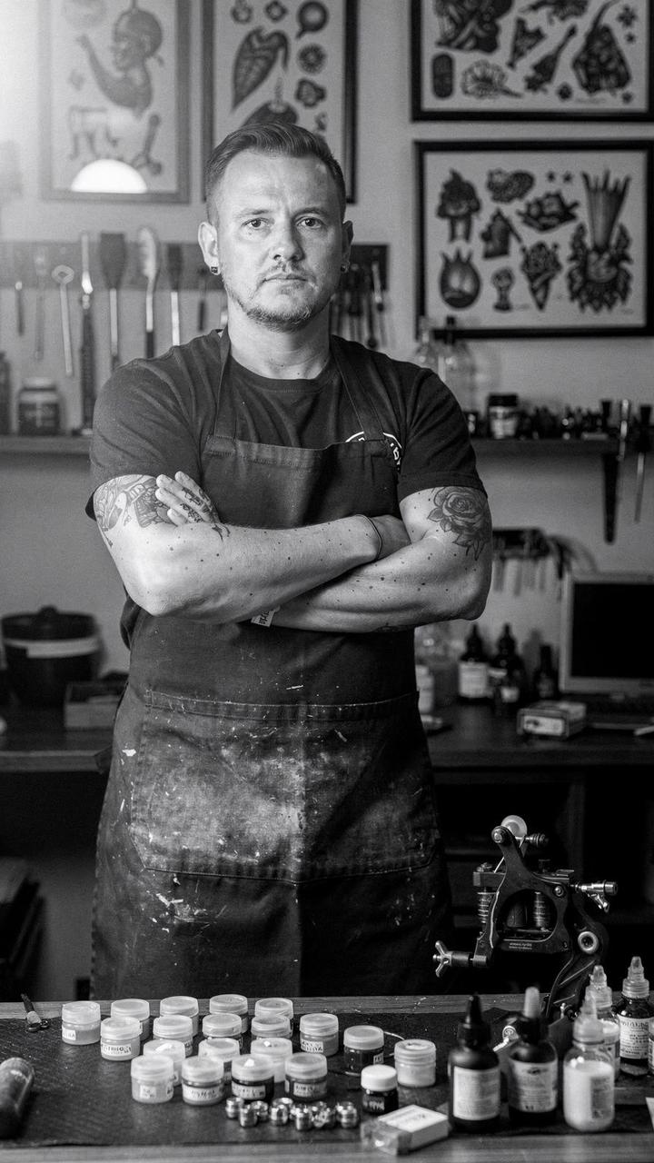 Artist working on a blackwork forearm tattoo, photographed in greyscale