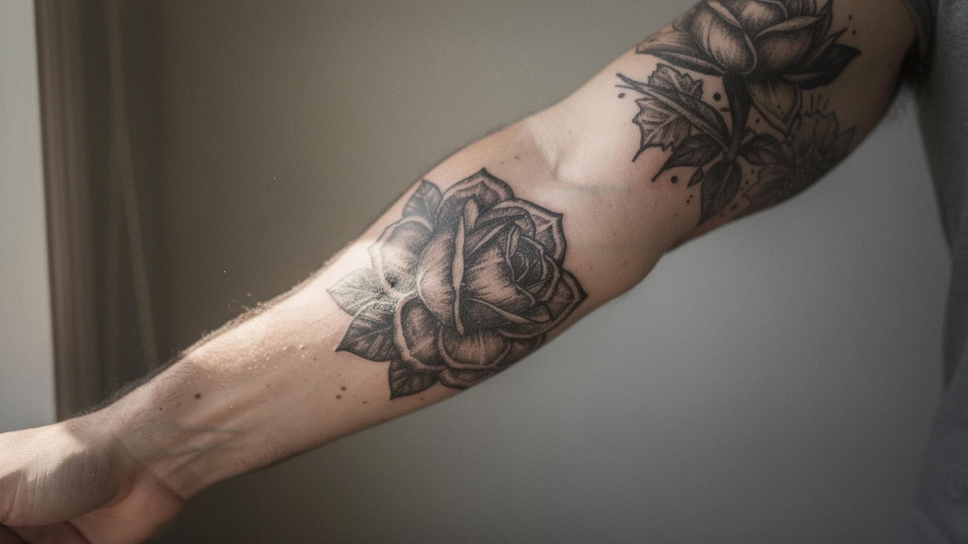 Healed blackwork tattoo on a forearm, photographed in daylight in a Kyiv studio